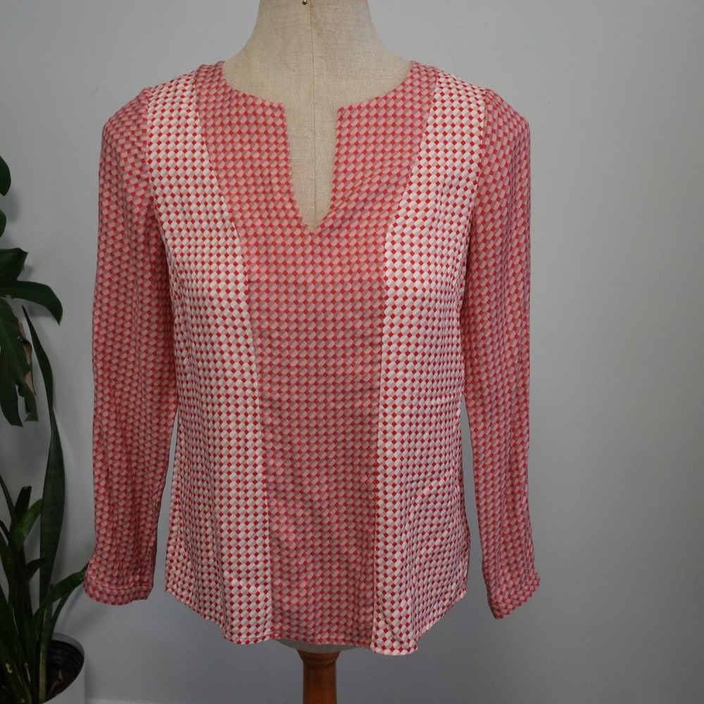 Boden Blouse Women 4 Red Pink Geometric Silk Blend Split Neck Long Sleeve WA632